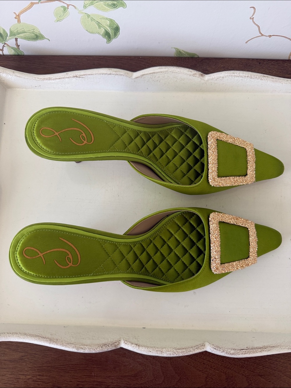 Sam Edelman Green Brit Kitten Satin Mules with Gold Buckle - Size 8.5 - Picture 3 of 14